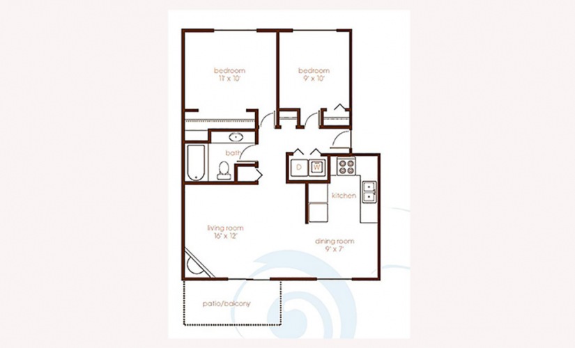 2x1 - 2 bedroom floorplan layout with 1 bathroom and 825 square feet