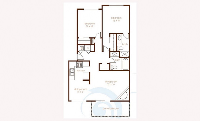2x2 - 2 bedroom floorplan layout with 2 bathrooms and 950 square feet
